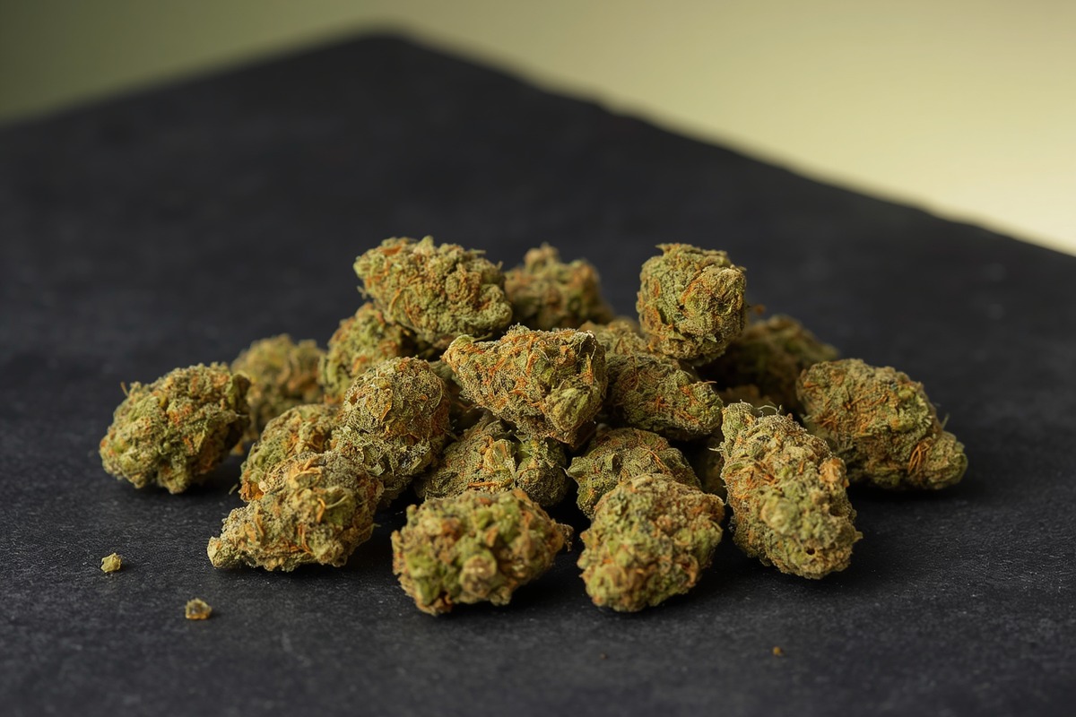 Pile of dried CBD hemp flower buds, dark studio macro shot